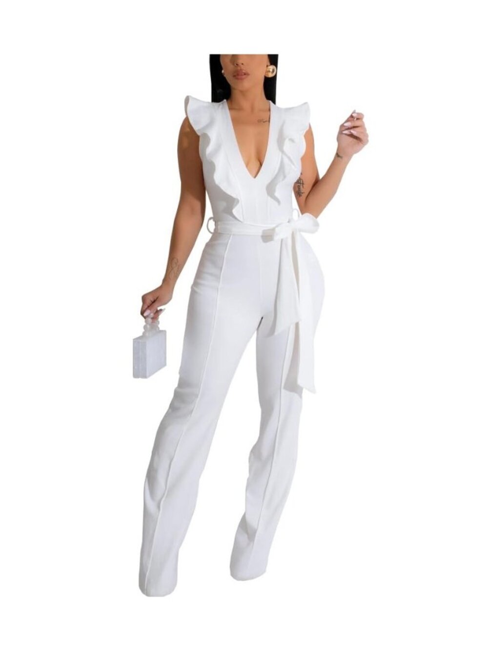 Womens Casual One Piece Jumpsuits V-Neck Sleeveless Ruffle Elegant Romper Wide